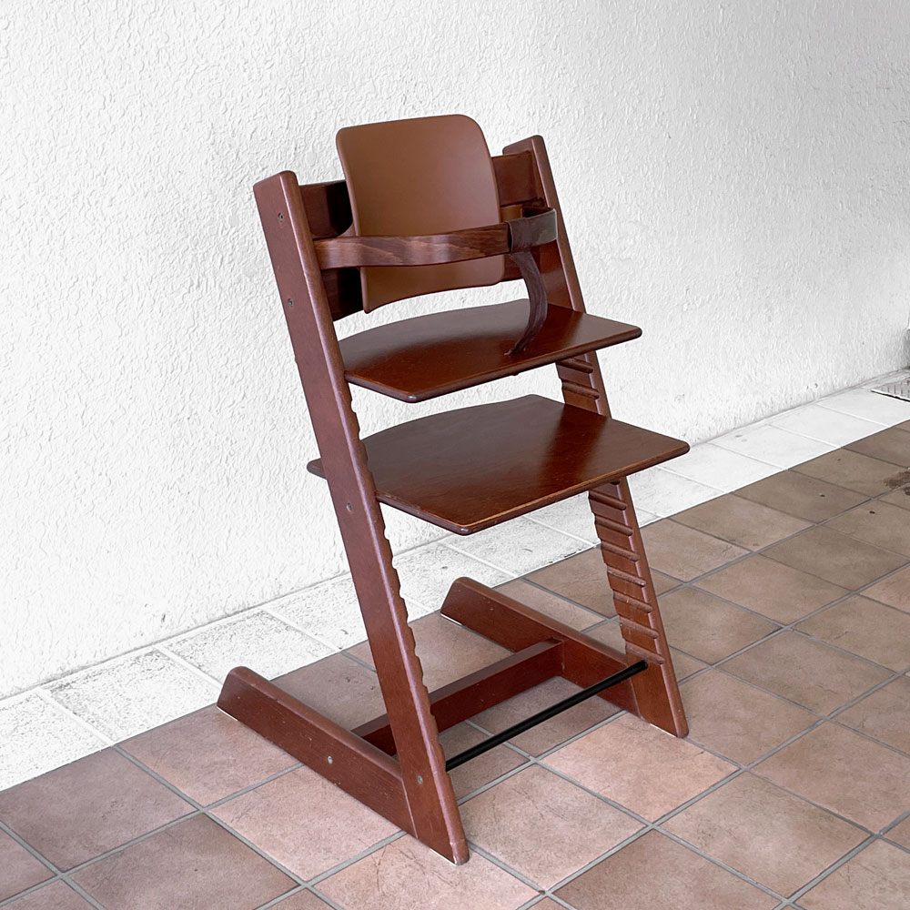 ストッケ STOKKE トリップトラップ TRIPP TRAPP ベビーチェア キッズチェア ブラウン S/N3～ 高さ調整可 木製ガード レザーベルト プラスチック背もたれ ノルウェー ◇