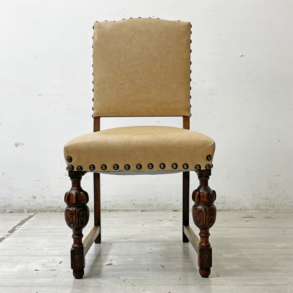 UKビンテージ Vintage ダイニングチェア オーク材 PVCレザーシート 鋲打ち バルボスレッグ 英国家具 英国アンティーク B ●