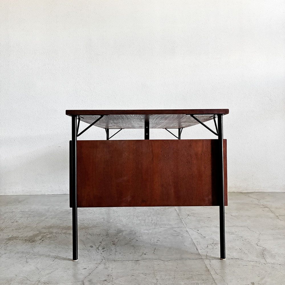 ビンテージ Vintage チーク材 片袖デスク W150cm 抽斗4杯 背面棚 スチール脚 ミッドセンチュリー 〓