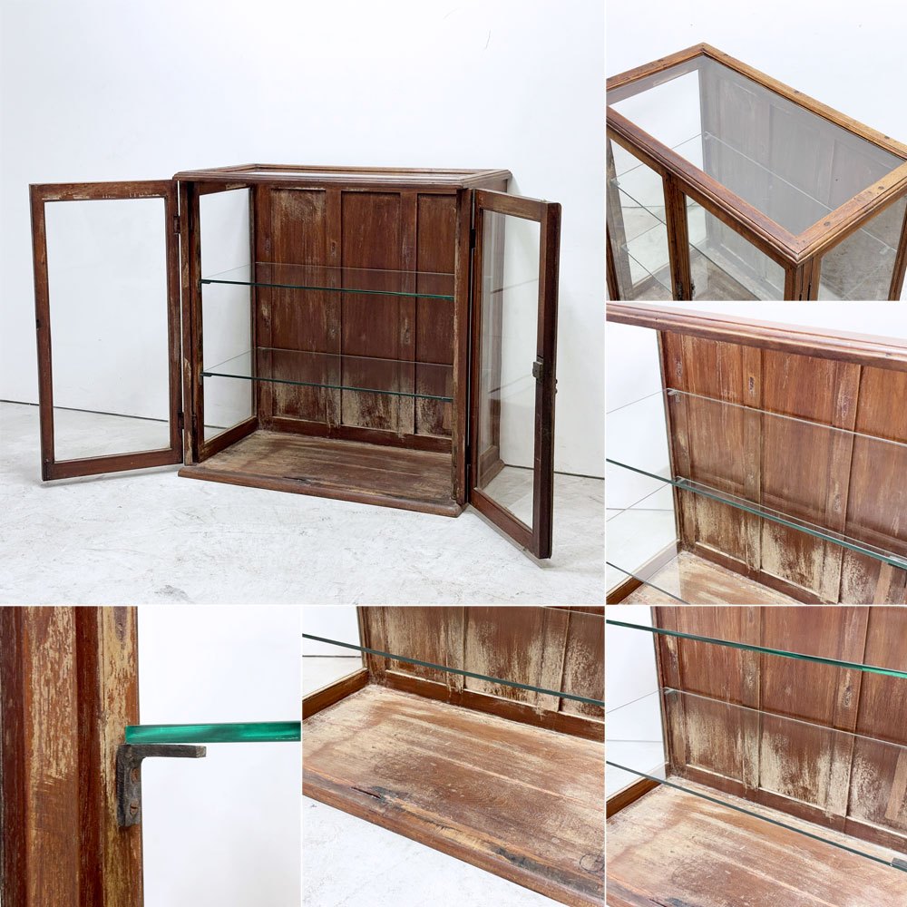 ビンテージ Vintage ガラスショーケース Display Case 木製 ガラス棚板 飾り棚 陳列棚 3段 鍵欠品 ●