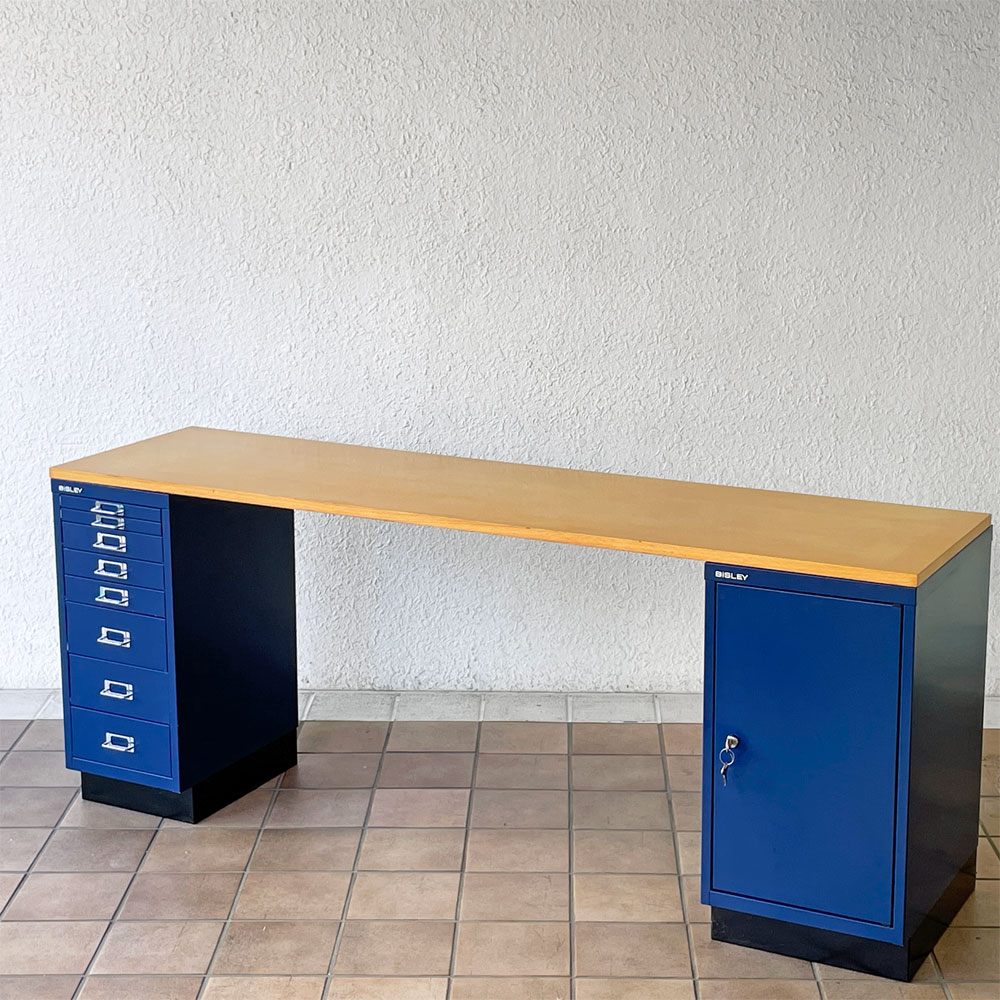 ビスレー BISLEY ベーシック BASIC 29/8B A4キャビネット＋BA3/29 キャビネット ロッカー＋木天板 デスク仕様 3点セット ブルー × ナチュラル 希少廃番 英国 ◇