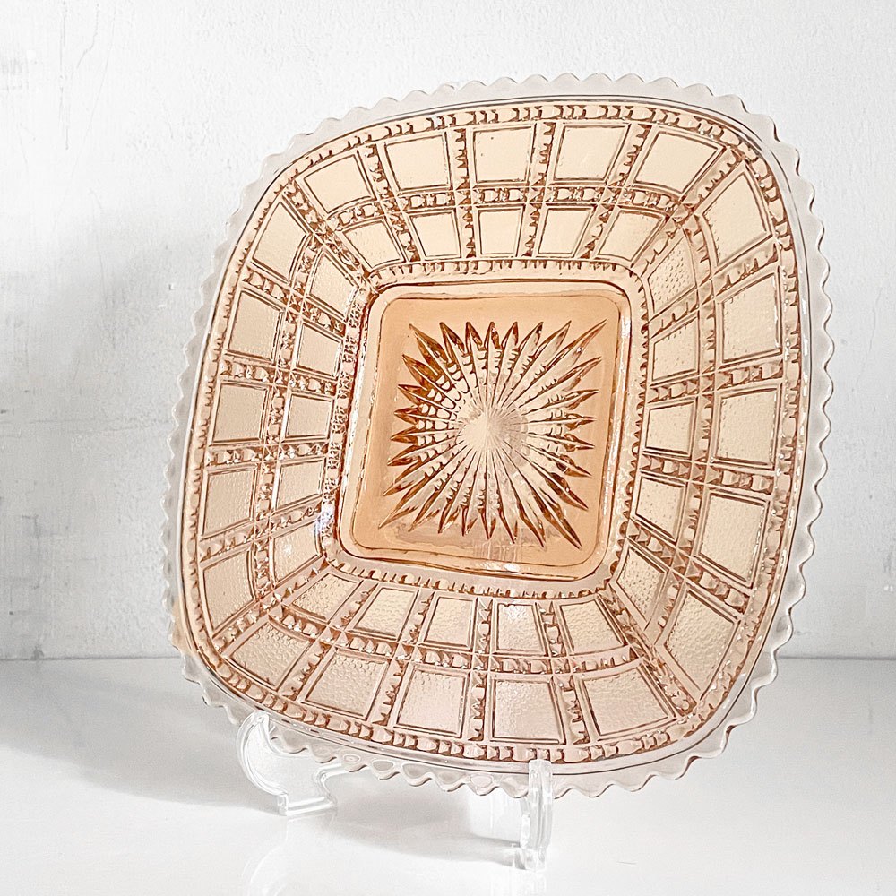 インペリアルグラス Imperial Glass ビーデッドブロック Beaded Block スクエアプレート ガラス ピンク  W19.5cm USビンテージ ■