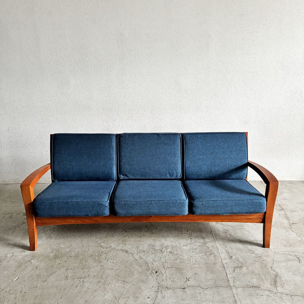 スキャンティーク SCANTEAK コニスカ KONISKA 3シーターソファ 3人掛け W196.5cm チーク材 ファブリック ブルー系 廃番 〓