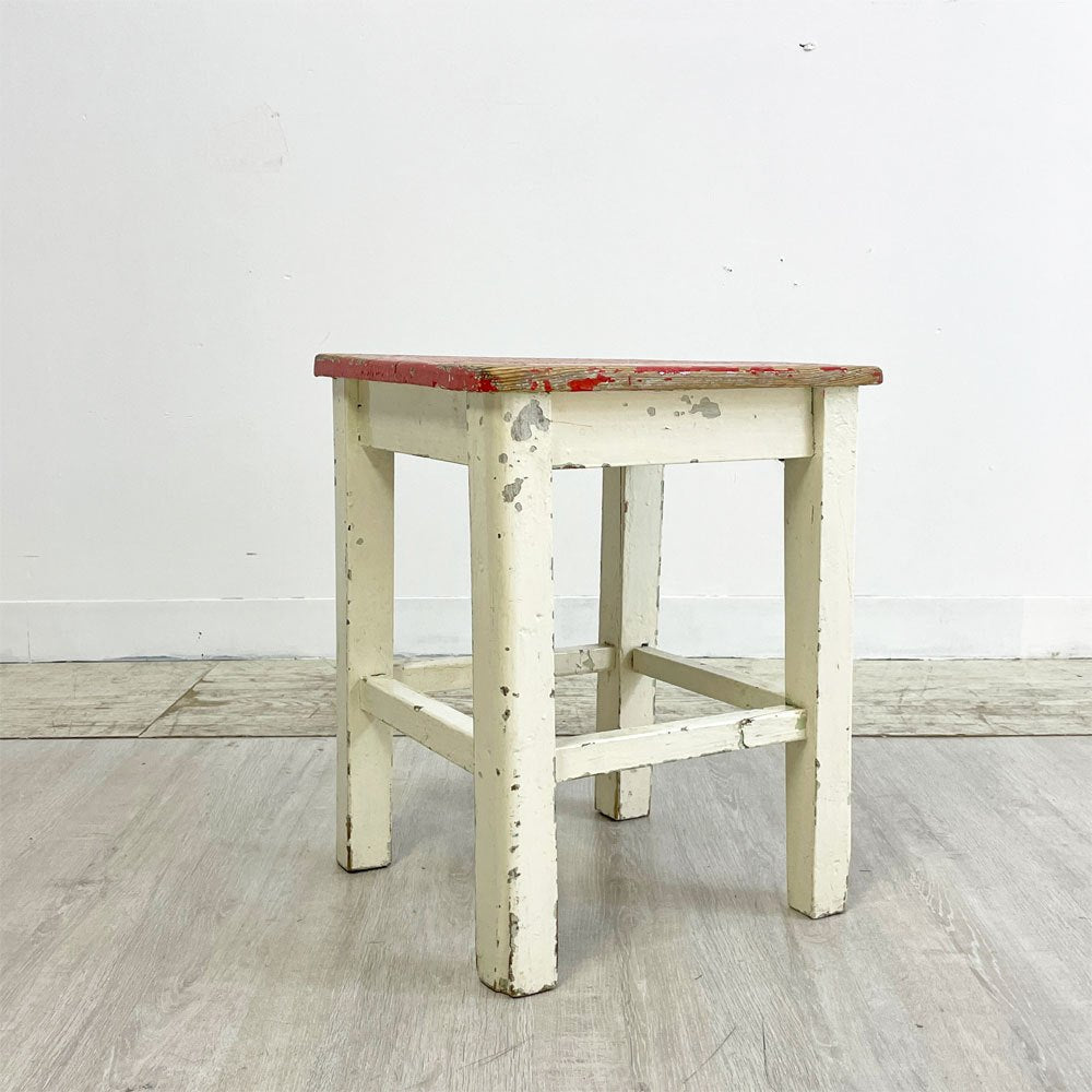 UKビンテージ UK Vintage ウッドスツール ペインテッド レッド×ホワイト シャビーシック ●