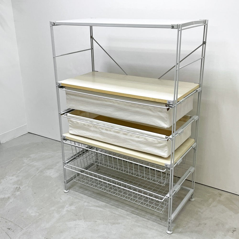 無印良品 MUJI スチールユニットシェルフ 5段 W84 H120㎝ 木製棚板 帆布 ワイヤー バスケット 4杯 ●