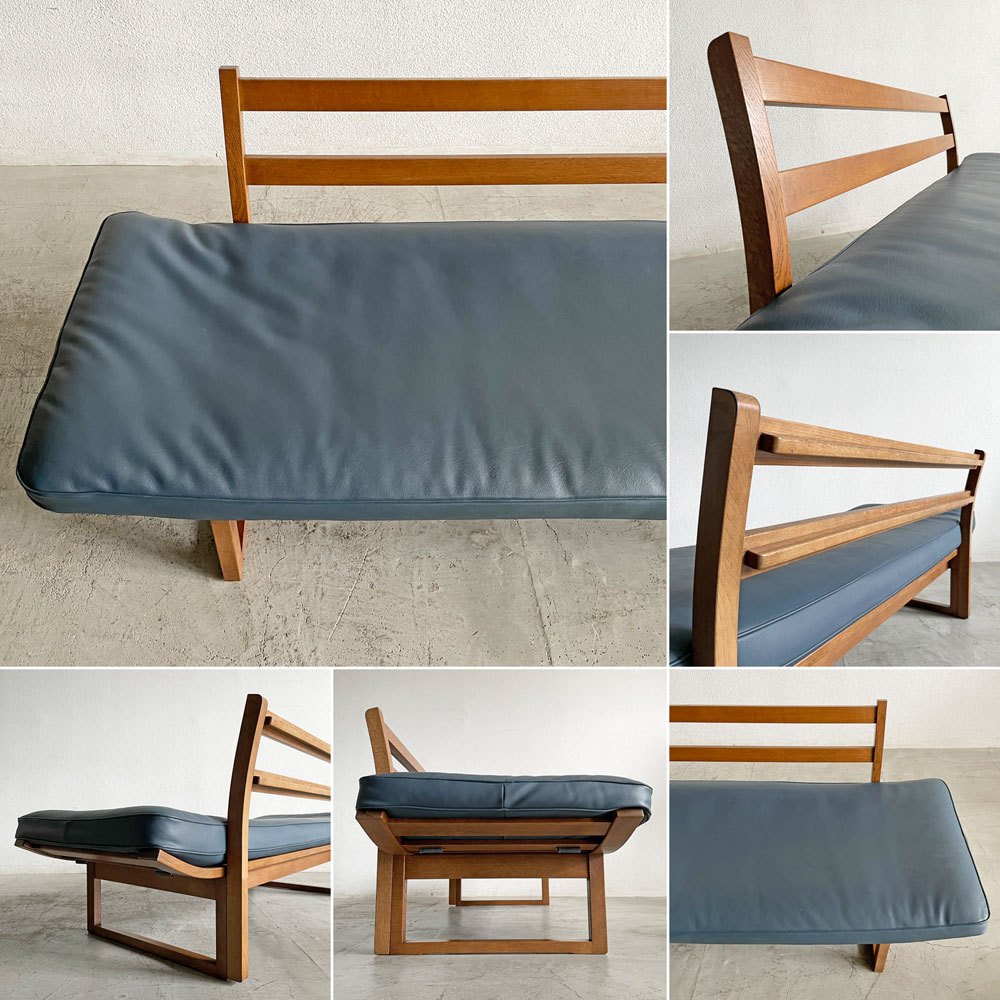 カンディハウス CONDE HOUSE アルプ ALP LD ソファベッド 3Pソファ W185cm オーク材フレーム 合成皮革シート ブルー系 背クッション欠品 旧インテリアセンター 〓