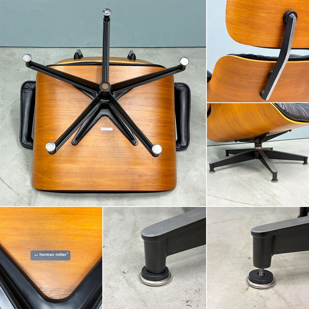 ハーマンミラー Herman Miller イームズラウンジチェア＆オットマン ブラックレザー ウォールナット C&Rイームズ ミッドセンチュリー 1999年製 ◎
