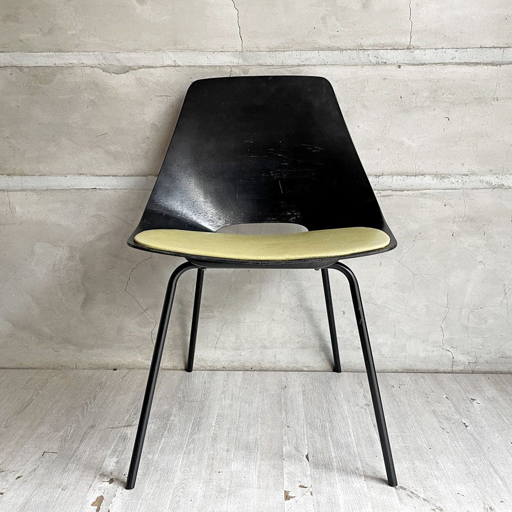 シュタイナー Steiner トノーチェア Tonneau Chair ダイニングチェア プライウッド ブラック クッション付き ピエール・ガーリッシュ Pierre Guarich フランス ビンテージ 希少 ♪