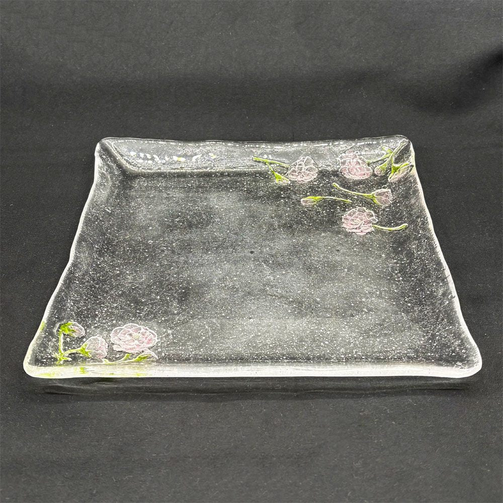 岡田多恵 ガラス 角皿 スクエアプレート パートドヴェール 花 24cm 現代作家 ●