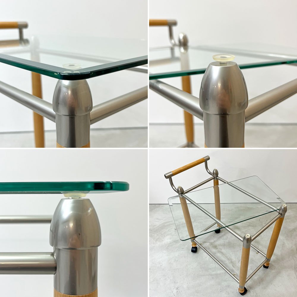 モダンデザイン Modern Design ガラストップ カート ワゴン スチール×ウッド×ガラス キャスター ミッドセンチュリーモダン ●