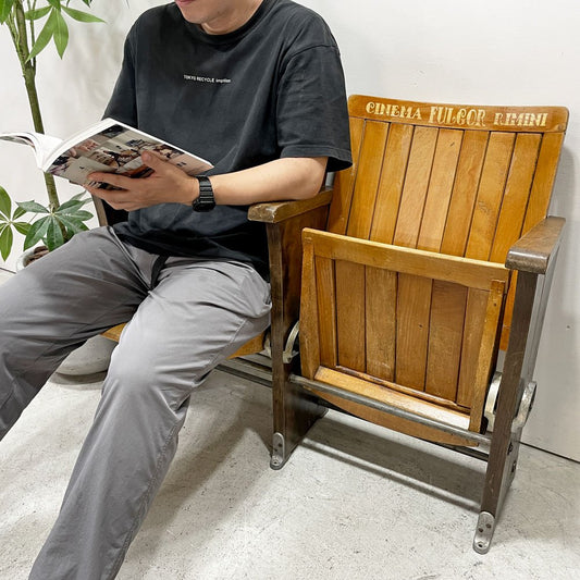 ビンテージ Vintage 木製 シアターチェア シネマチェア 2連 フォールディングチェア 跳ね上げ式 イタリア 店舗什器 H81㎝ ●