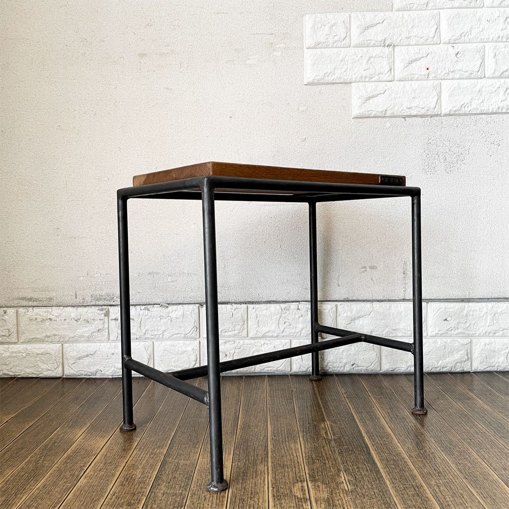 ヒロファニチャー hiro furniture オーク材 × アイアンフレーム サイドテーブル スツール 花台 W45cm インダストリアル ◎