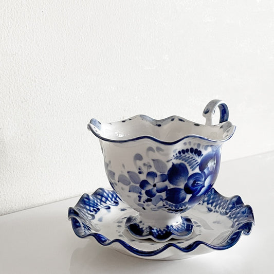 グジェリ陶器 カップ＆ソーサー C&S コバルトブルー 藍色 ホワイト ロシア C ■