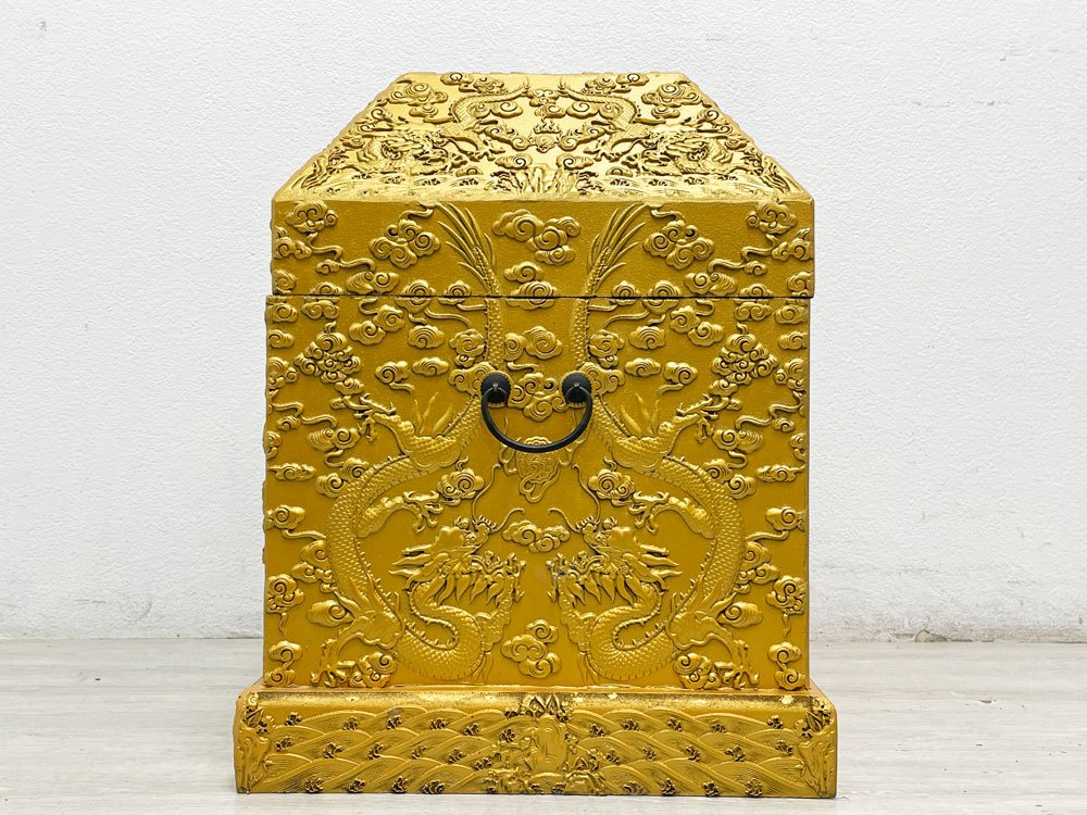 チャイニーズアンティークスタイル Chinese Antique Style 木製 雲龍紋 印箱 文箱 茶道具入れ 宝石箱 収納箱 ペインテッド ゴールド ●