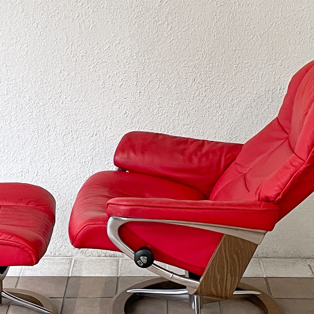 エコーネス EKORNES ストレスレス stressless メイフェア Mayfair リクライニングチェア オットマンセット Mサイズ レザー レッド ノルウェー 現状品 ◇