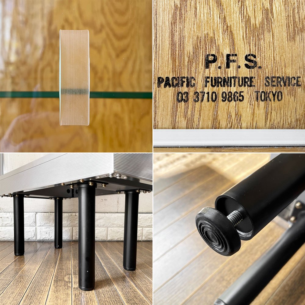 パシフィックファニチャーサービス PACIFIC FURNITURE SERVICE P.F.S. アルミナム ALUMINIUM GLASS CASE ガラスケース AL-60 オーク材 スチール脚 W60cm 定価￥121,000 - ◎