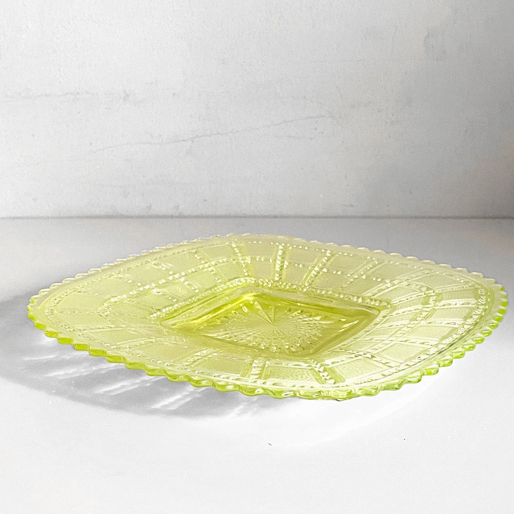 インペリアルグラス Imperial Glass ビーデッドブロック Beaded Block スクエアプレート ガラス イエロー W19.5cm USビンテージ A ■
