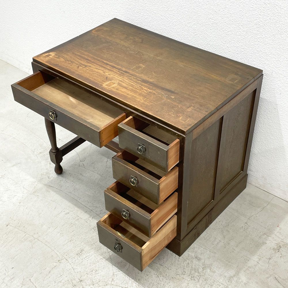 ジャパンビンテージ Japan Vintage 古い木味の片袖机 デスク 抽斗5杯 古家具 レトロ 〓