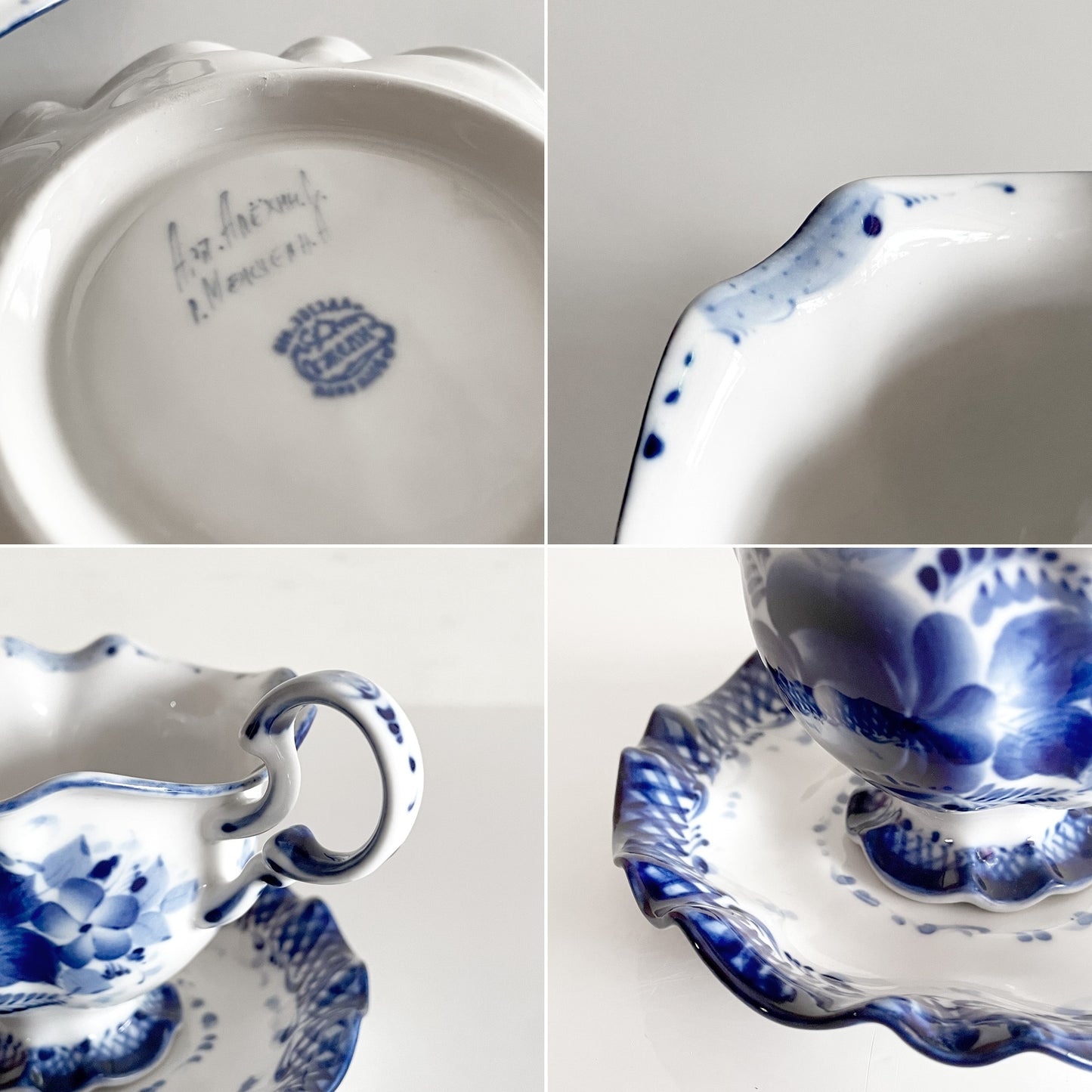 グジェリ陶器 カップ＆ソーサー C&S コバルトブルー 藍色 ホワイト ロシア C ■