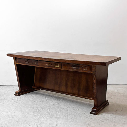 UKビンテージ UK Vintage オーク材 デスク 3ドロワー アーチ形天板 テーブル W197.5cm 英国家具 アンティーク ●