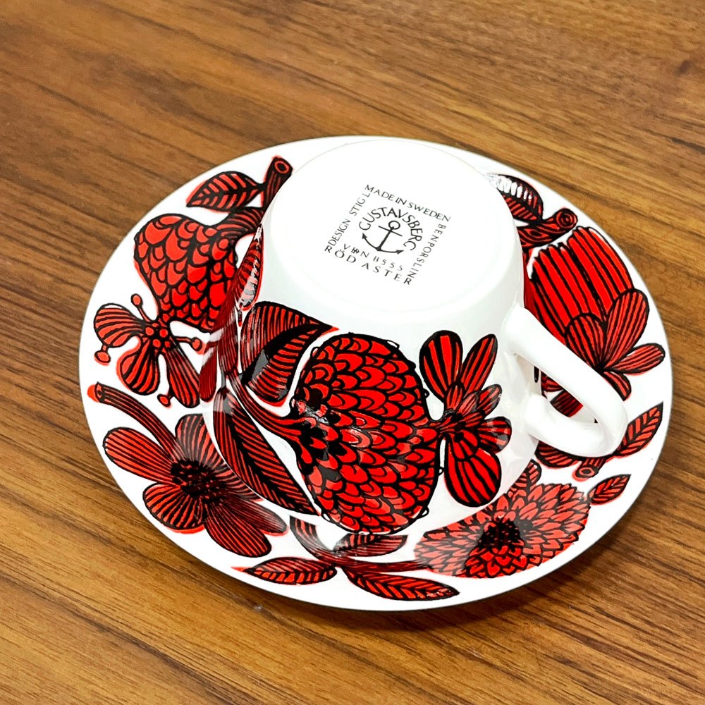 グスタフスベリ GUSTAVSBERG レッドアスター RED ASTER コーヒーカップ＆ソーサー C/S スティグ・リンドベリ スウェーデン 北欧ビンテージ ●