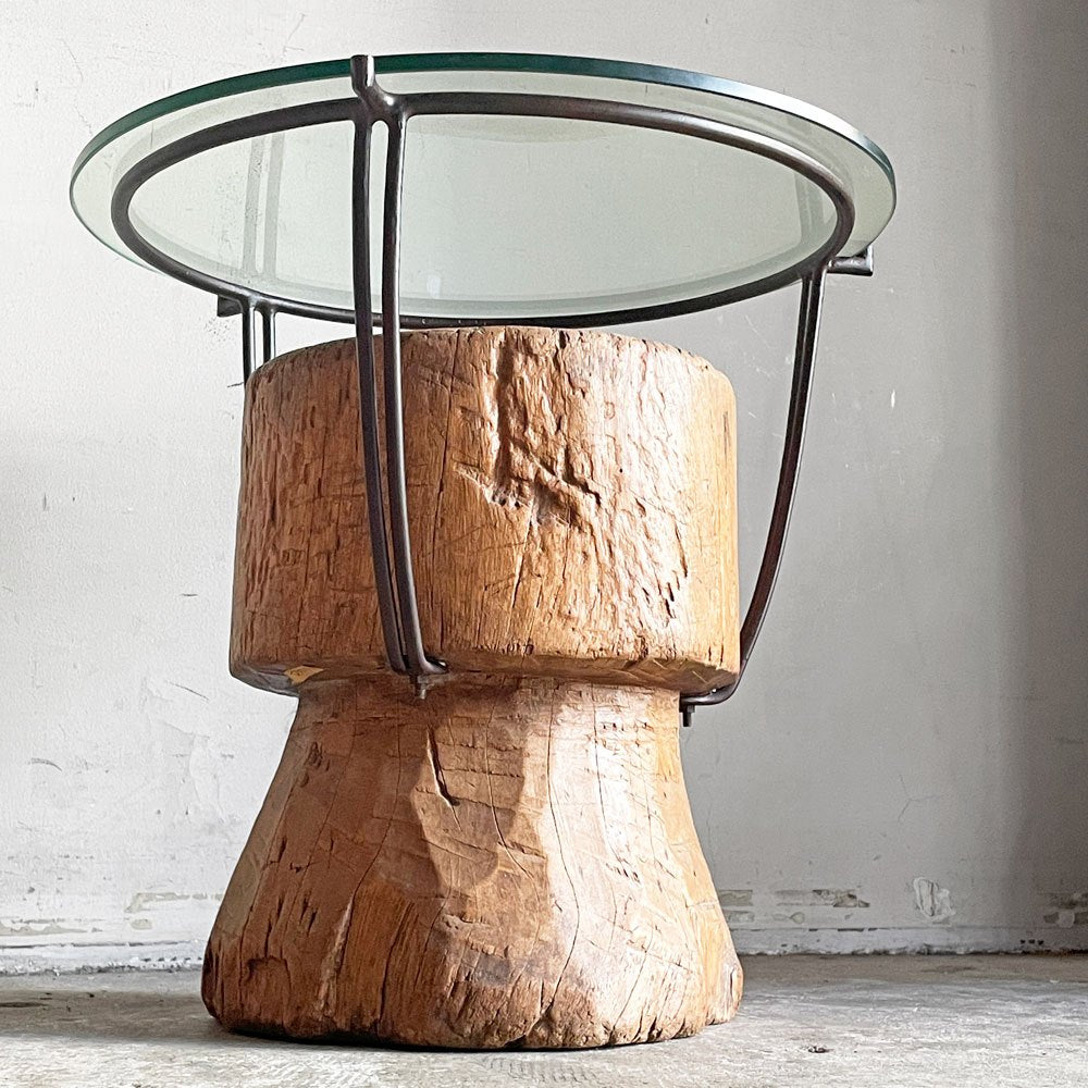 ビンテージ vintage ラウンド サイドテーブル ローテーブル 古材×ガラス×アイアン 天然木 菊池 由見子 プリミティブ ■