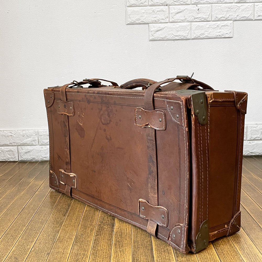 ビンテージ Vintage レザートランク スーツケース ストラップ留め ブラウン 店舗什器 鍵欠品 現状品 ◎