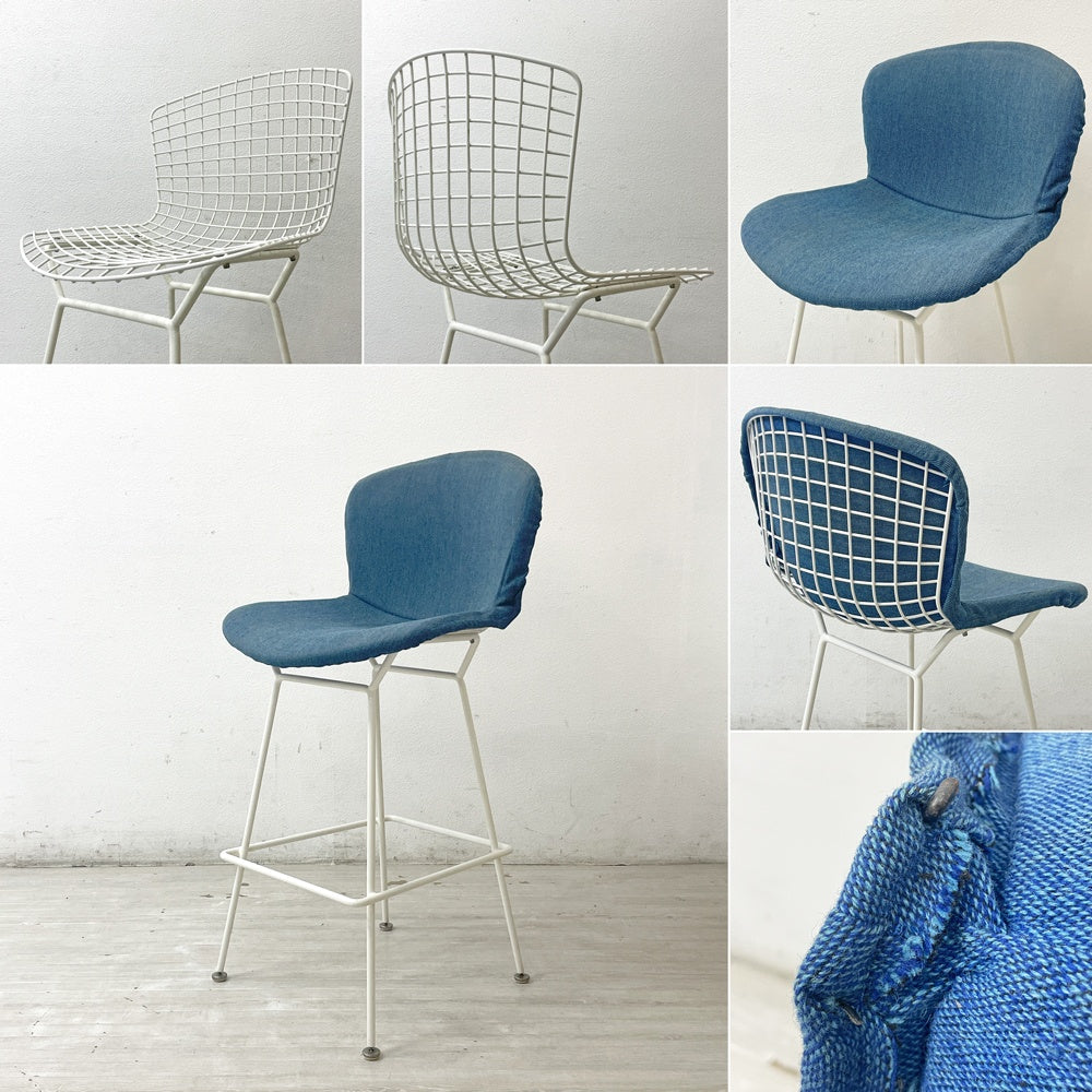 ノル Knoll Counter Height Stool カウンター ハイスツール ワイヤーチェア ホワイト ハリー・ベルトイア ミッドセンチュリー シートパッド付き ビンテージ ●