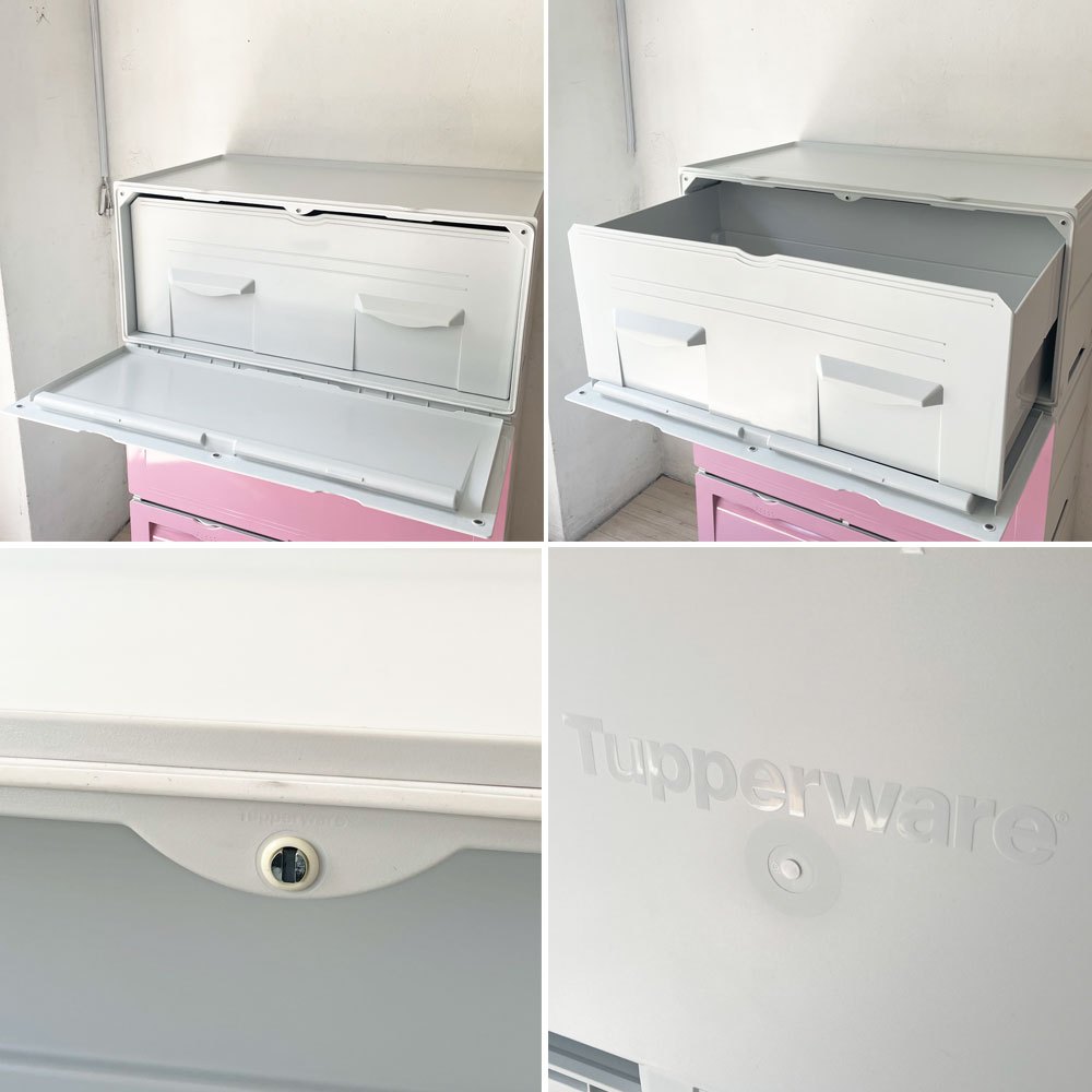 タッパーウェア Tupperware スーパーチェスト ワイド Super chest Wide 引出1段 ピンク 3段セット 専用カート付き ★