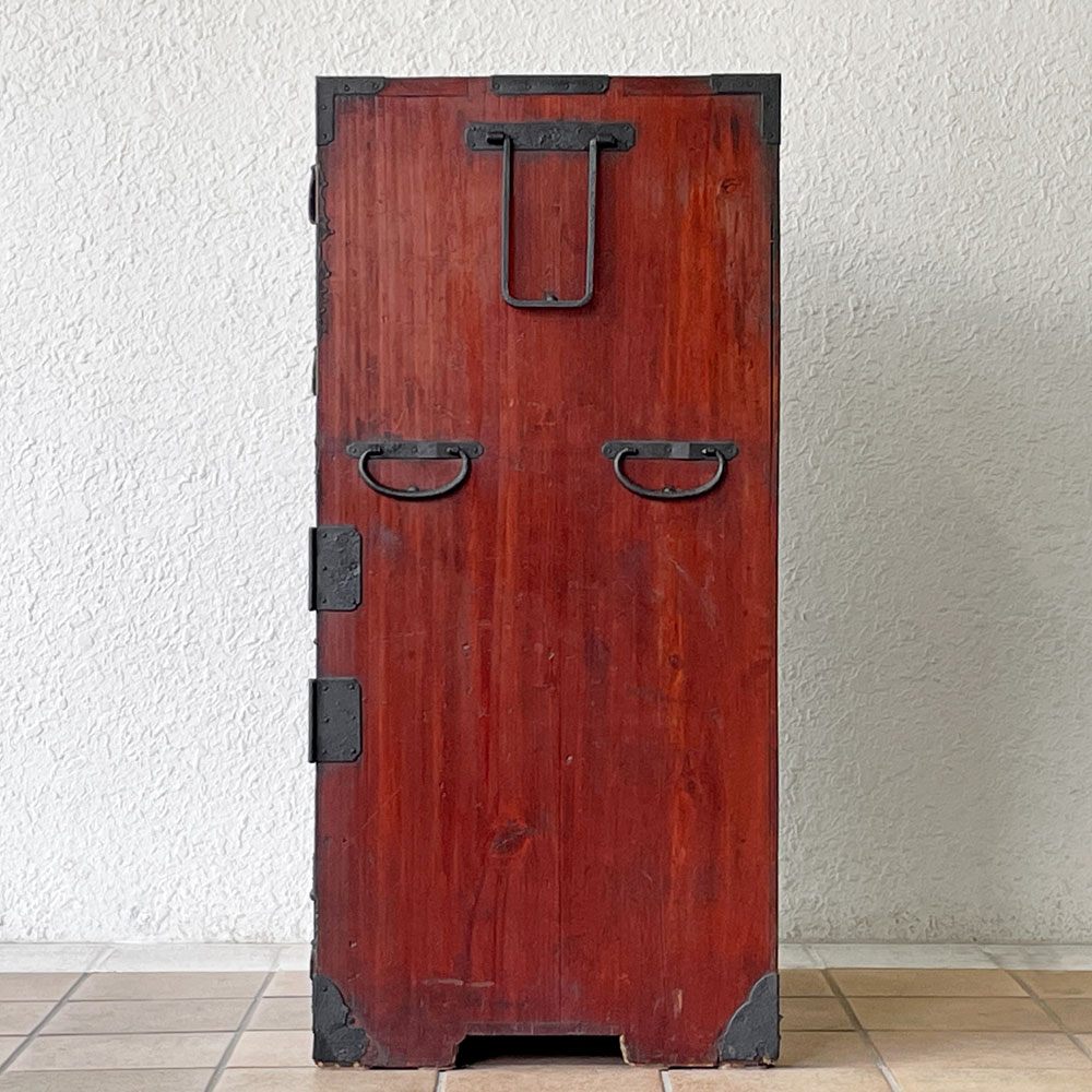 山形最上箪笥 牡丹図金具 隙間箪笥 欅材 時代箪笥 ジャパンビンテージ 和家具 鍵付 ◇