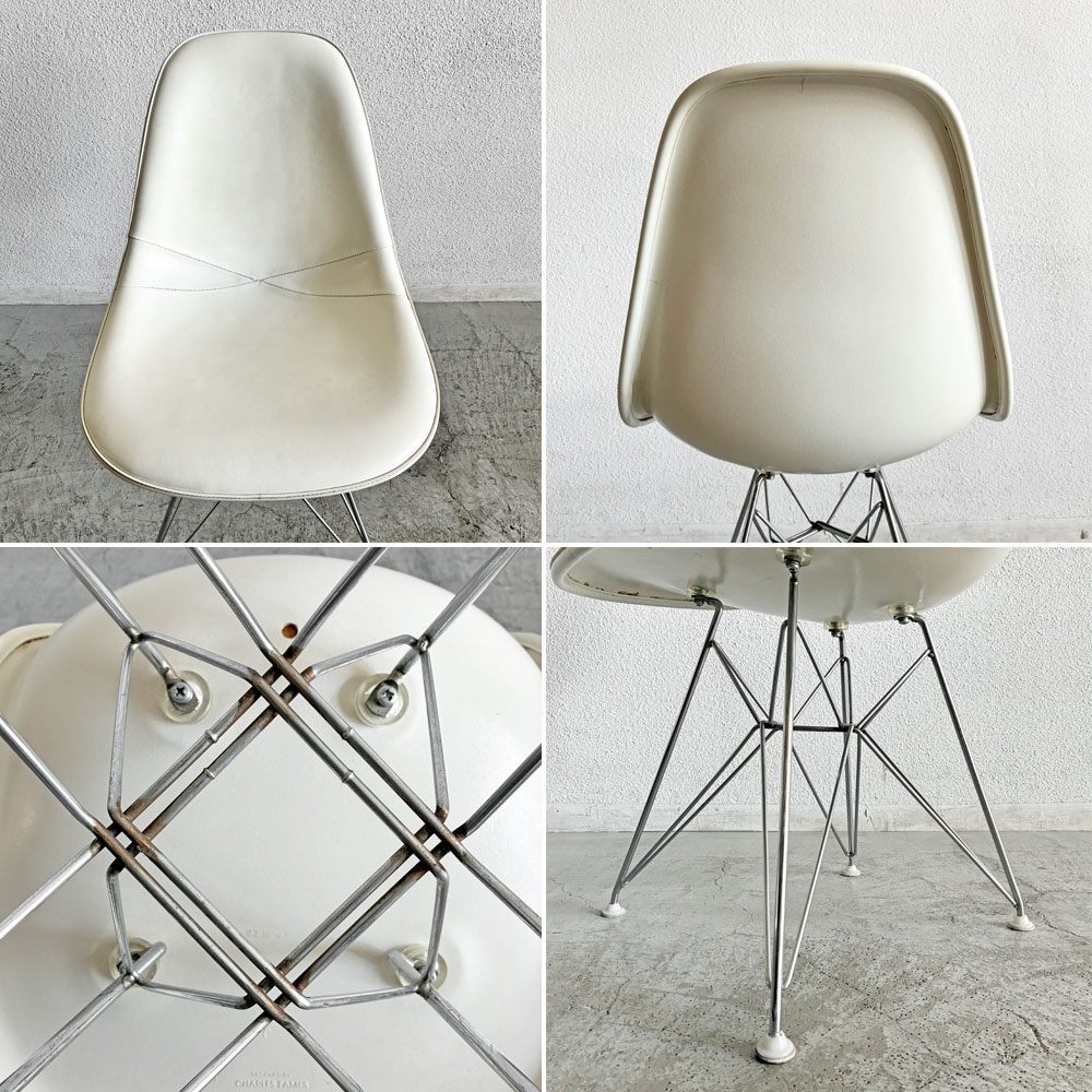 ハーマンミラー Herman Miller サイドシェルチェア FRP製 3rdビンテージ パーチメントシェル PVCレザー ホワイト系 エッフェルベース ロータイプ C&R イームズ ミッドセンチュリー 〓