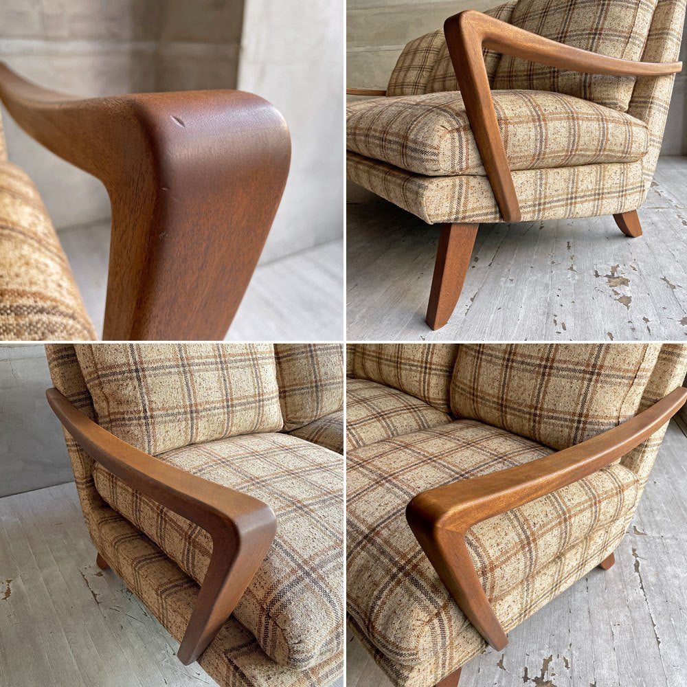 トラックファニチャー TRUCK FURNITURE 3pソファ 3人掛け ウォールナット材 フェザークッション チェック柄 レトロ ビンテージテイスト 廃番希少 ♪