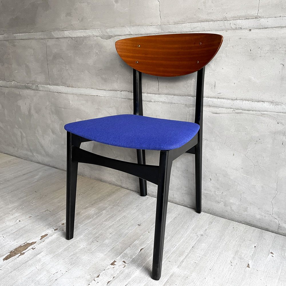 ネイサンファニチャー NATHAN Furniture  ダイニングチェア チークプライウッド ブラックフレーム ファブリック ブルー系カラー 英国 UKビンテージ 座面張り替え済み B ♪