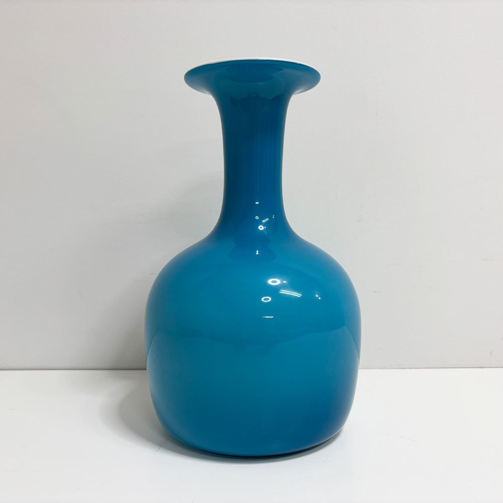 北欧ビンテージ Scandinavian Vintage ガラス フラワーベース 花瓶 被せガラス ブルー×ホワイト H33cm ●