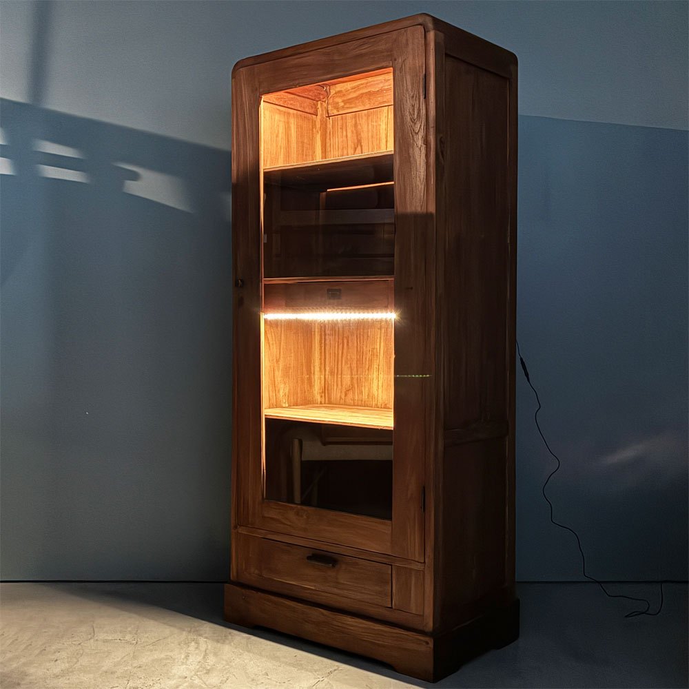オールドメゾン old maison ガラスキャビネット 2ドロワー 収納棚 W81cm 照明付き ショーケース カントリー  店舗什器 ◎