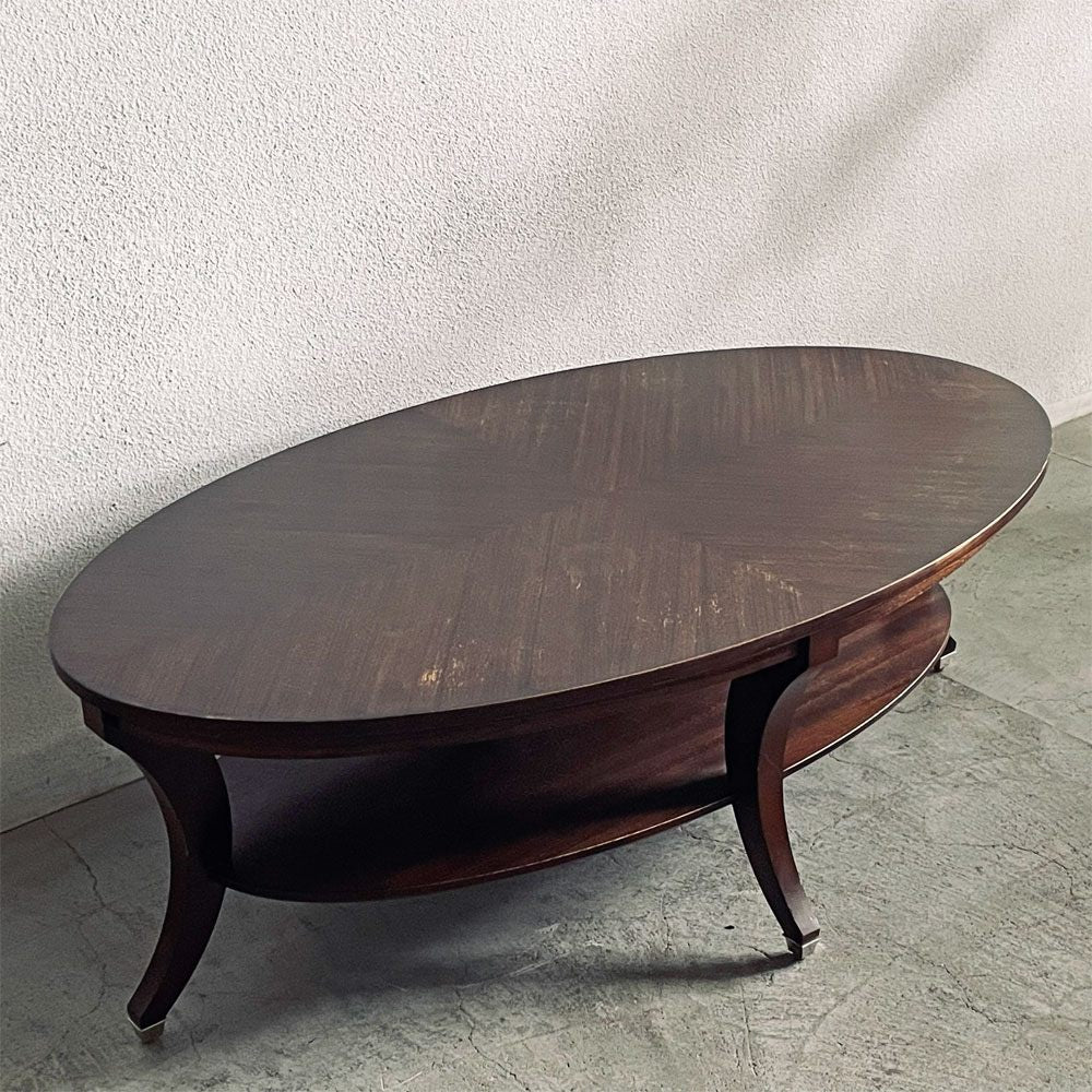イーセンアーレン ETHAN ALLEN オーバル コーヒーテーブル センターテーブル W137cm 放射状木目 下棚付き クラシカルデザイン 現状品 〓