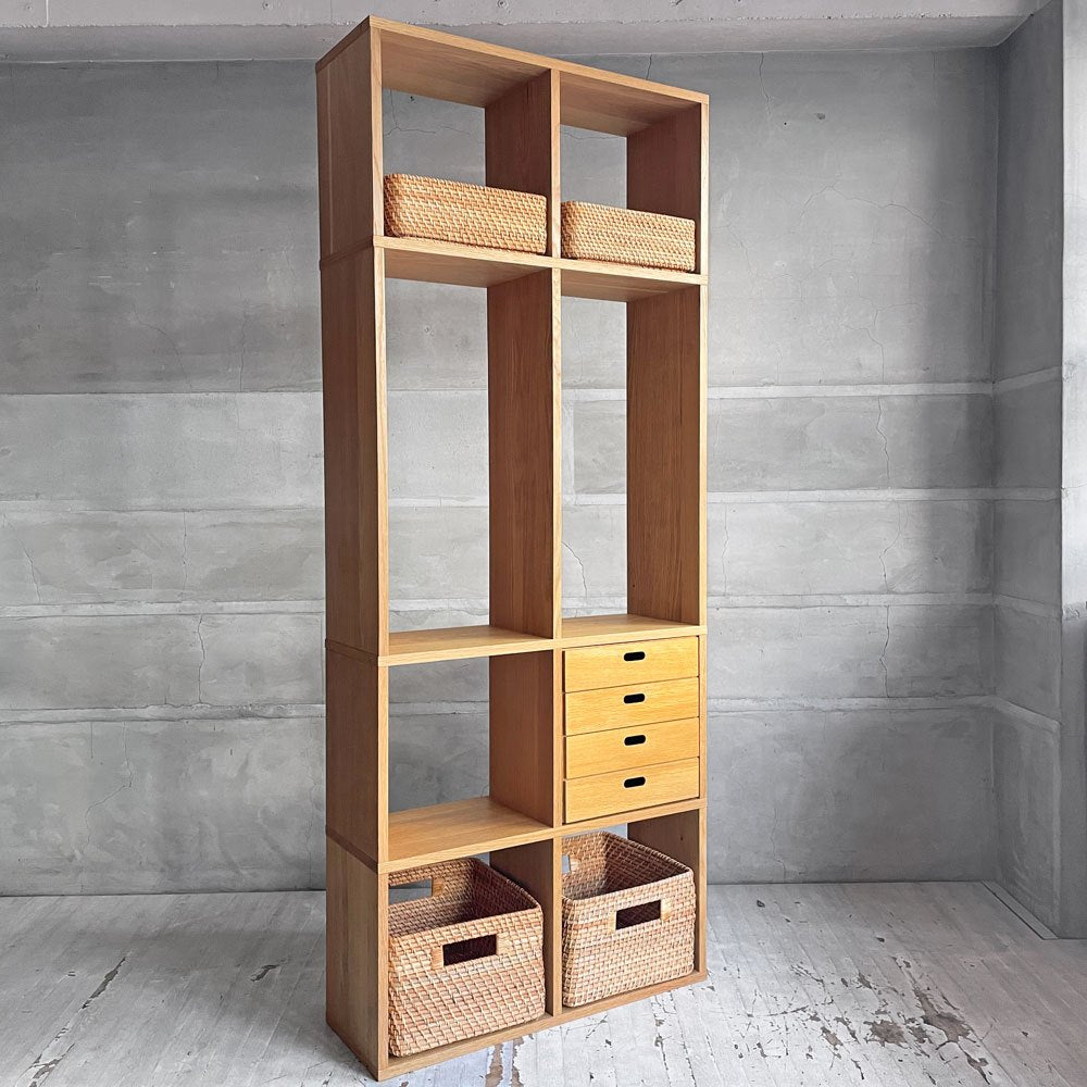 無印良品 MUJI スタッキングシェルフ 2列5段 引出し4段＋ラタンバスケット（大・小）オーク材 ディスプレイラック 本棚 飾り棚 ♪
