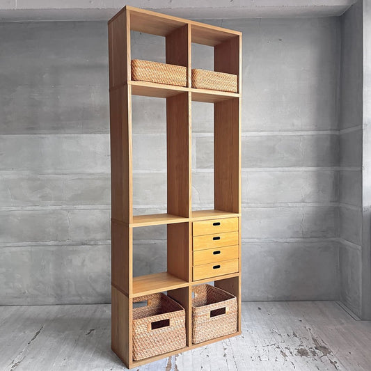 無印良品 MUJI スタッキングシェルフ 2列5段 引出し4段＋ラタンバスケット（大・小）オーク材 ディスプレイラック 本棚 飾り棚 ♪