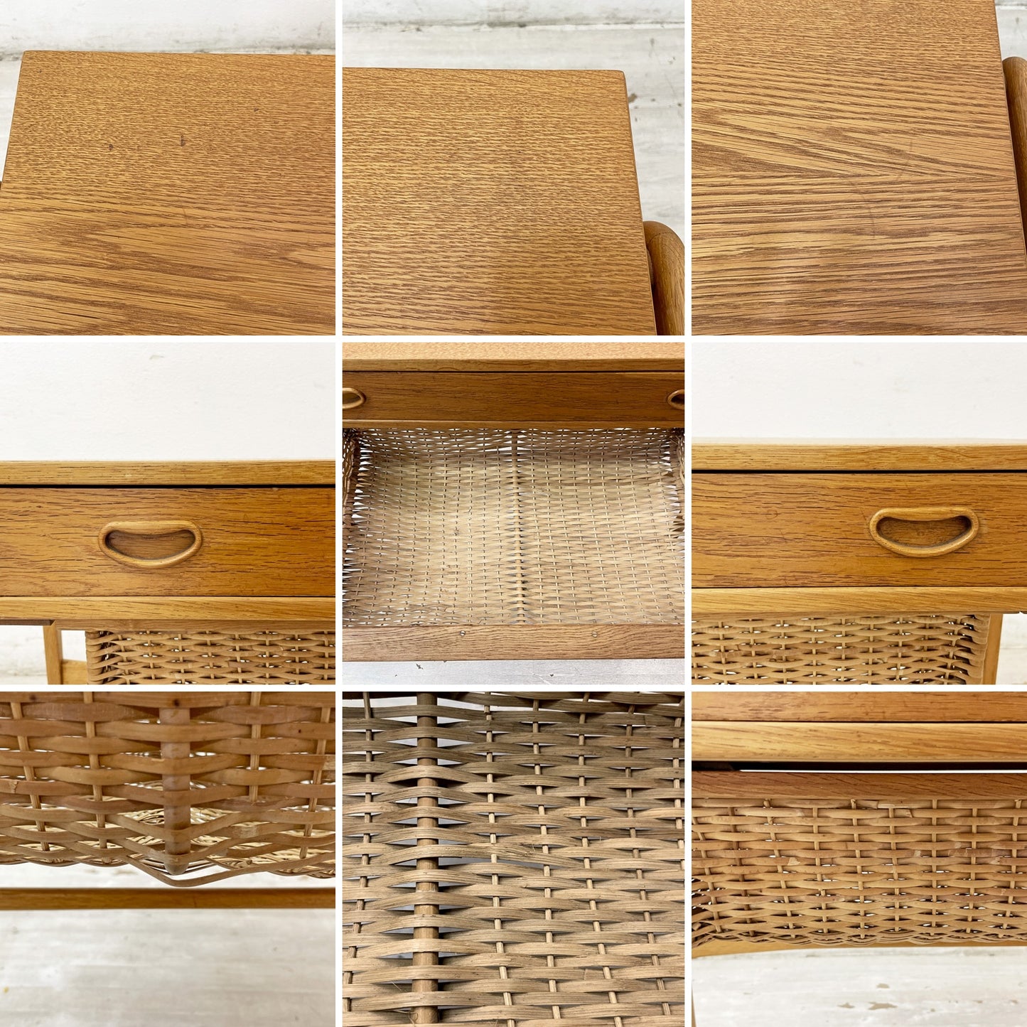 デンマークビンテージ Danish Vintage ソーイングテーブル サイドテーブル オーク材ラタンバスケット キャスター付き 北欧家具 ●