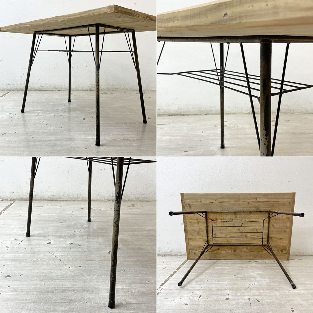 ジャパンビンテージ Japan Vintage 木製天板×古い鉄脚 ダイニングテーブル リメイク家具 ナチュラル インダストリアルデザイン ●