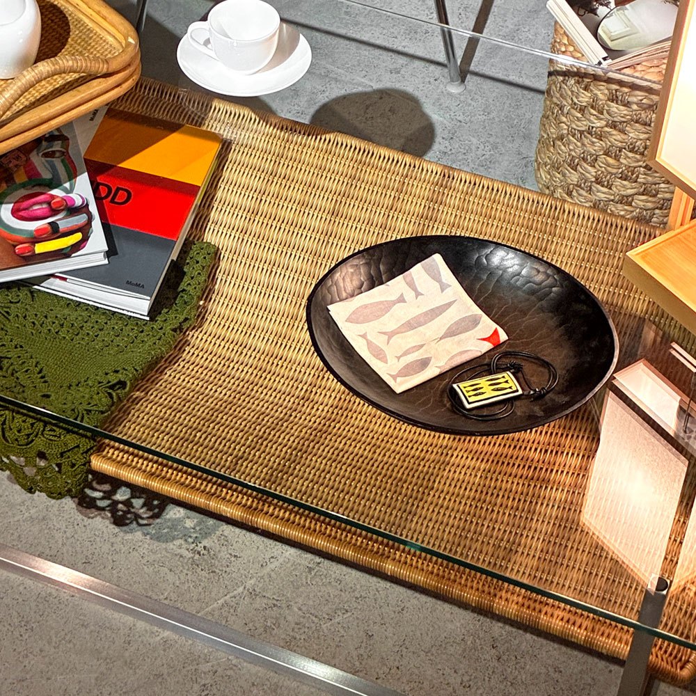 イーアンドワイ E&Y ハンモック Hammock コーヒーテーブル ガラストップ ラタン ステンレス 幅140cm 二俣公一 ●