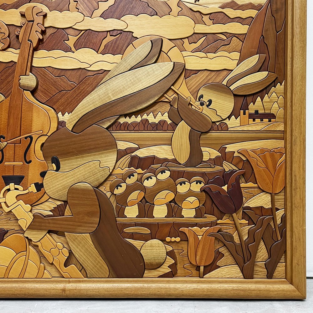 あさのたかを デザインオフィス 木壁画 ウサギの合奏会 ウッドアート 組木絵画 彫刻絵画 125x100cm あさのたかを 現代作家 ●