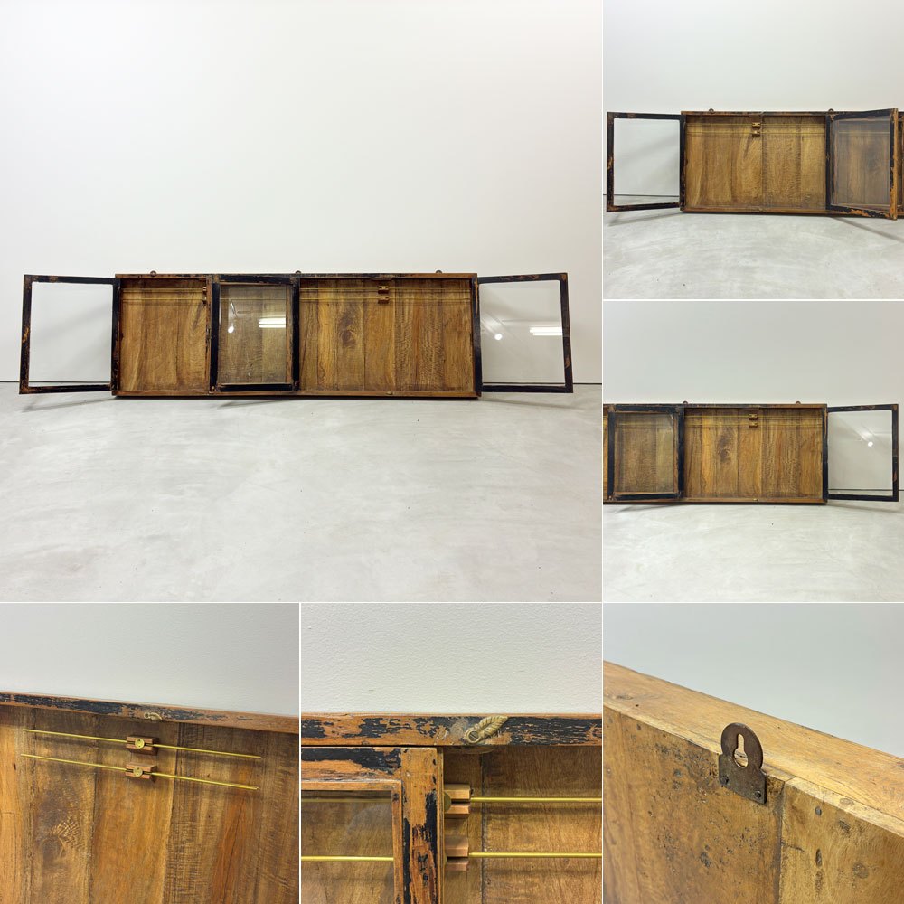 古材 ウォールディスプレイキャビネット 横型 開き戸 ネクタイ・アクセサリーハンガー付き コレクションケース 壁掛け収納 店舗什器 ●