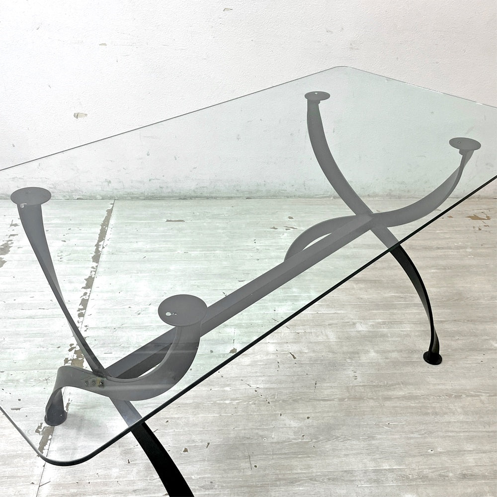 アイアンフレーム ガラストップ ダイニングテーブル クロスレッグ インダストリアルデザイン W159cm ●