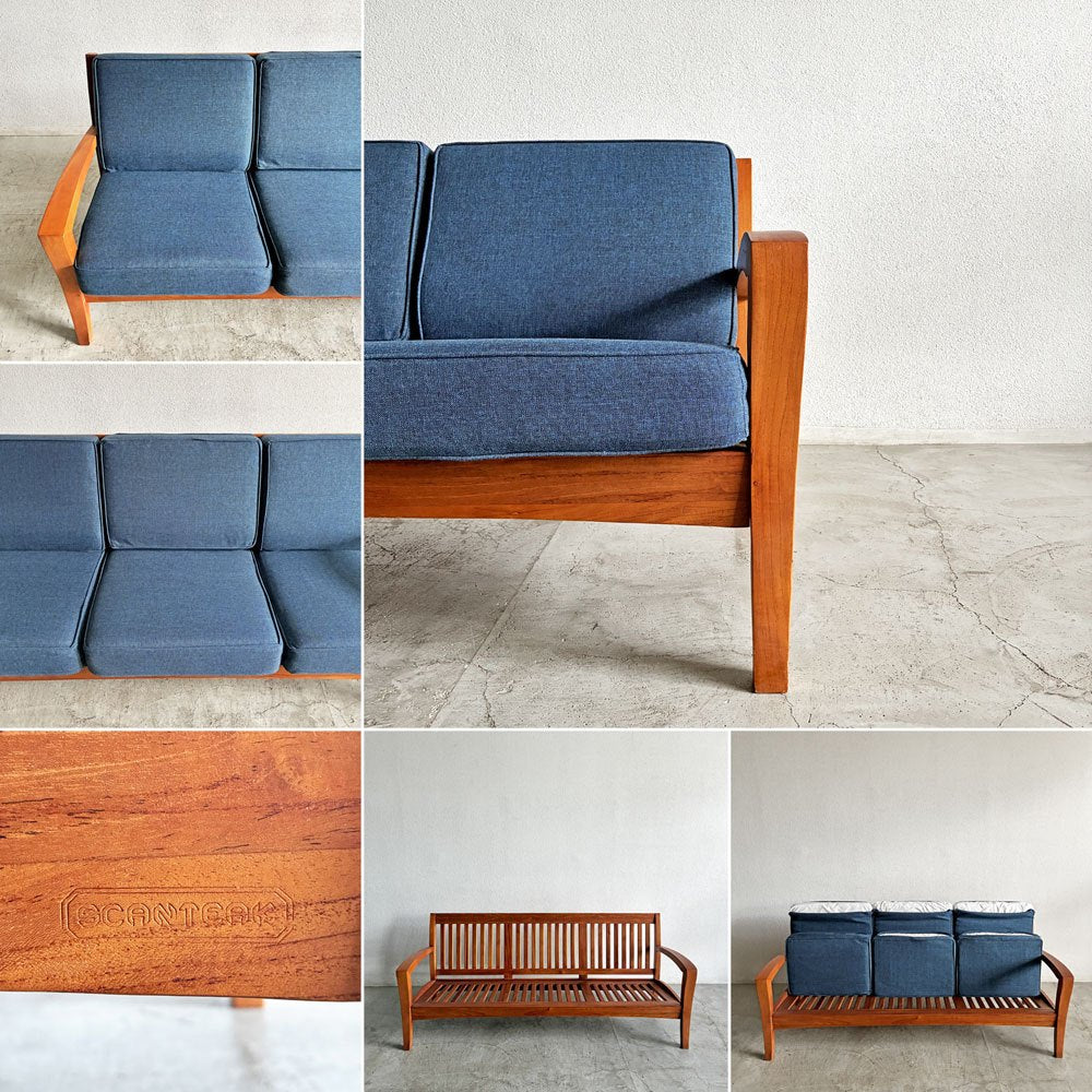 スキャンティーク SCANTEAK コニスカ KONISKA 3シーターソファ 3人掛け W196.5cm チーク材 ファブリック ブルー系 廃番 〓