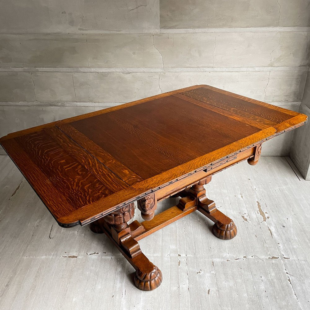 UKアンティーク ドローリーフテーブル ダイニングテーブル 伸長式 オーク材 ビッグバルボスレッグ 英国家具 ビンテージ ♪