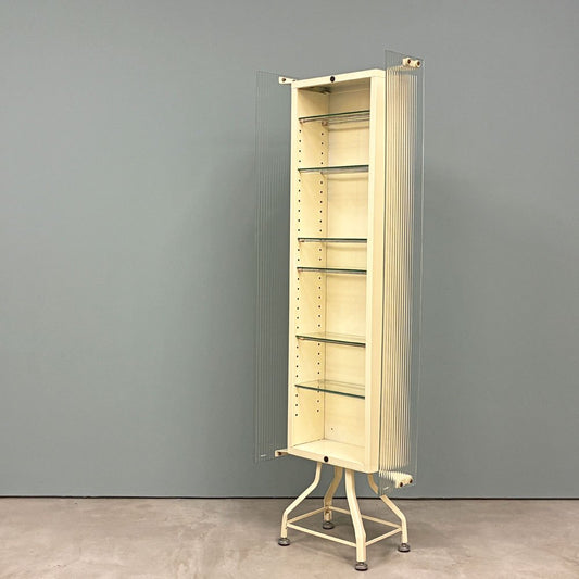 スチールキャビネット ガラス回転開き扉 コレクションケース スリム収納 リブパネル 棚付き ホワイト ミッドセンチュリー レトロ ◎