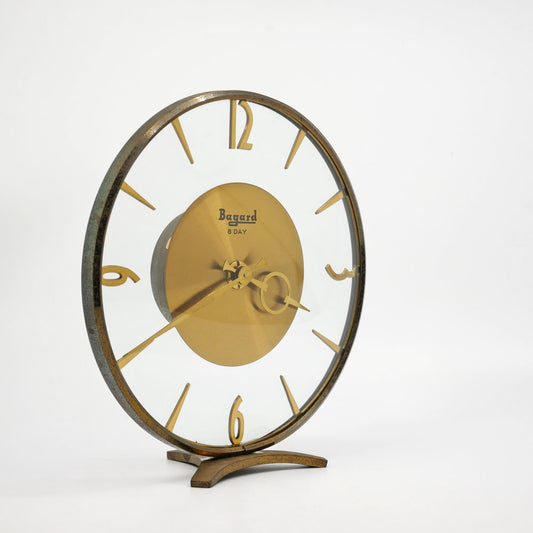 バヤール Bayrd 卓上時計 置時計 ゼンマイ式 ガラス×真鍮 ビンテージ フランス ミッドセンチュリーデザイン ●
