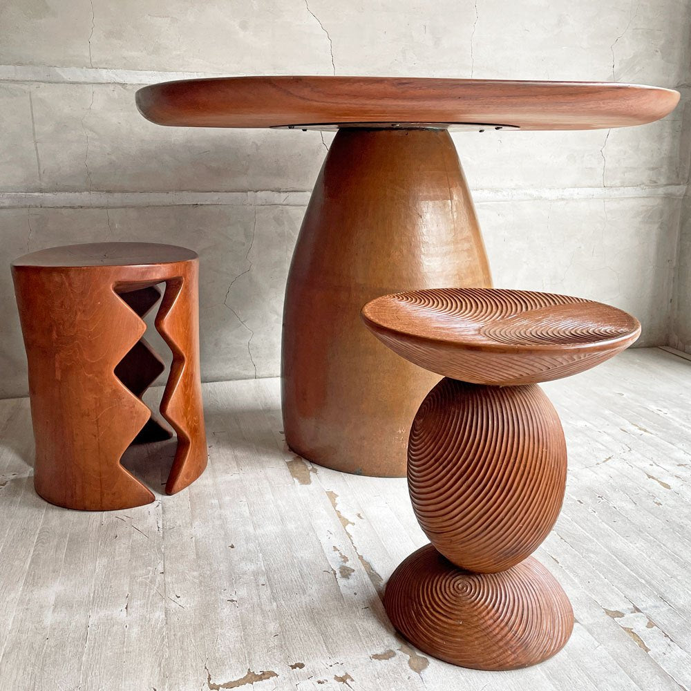 ヨーガンレール ババグーリ Jurgen Lehl Babaghuri チーク無垢材 スツール Stool ラウンド うずまき柄 ハンドメイド 一木造り プリミティブ 希少 ♪