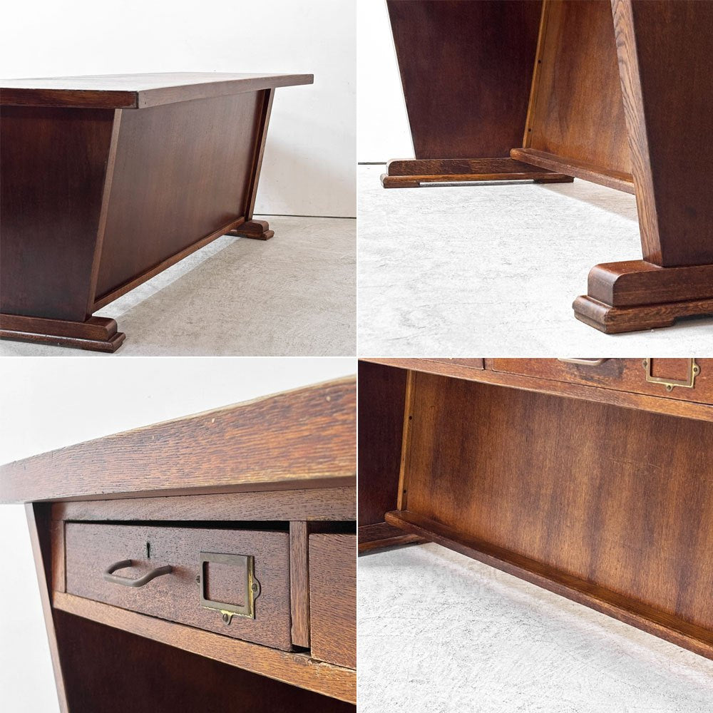UKビンテージ UK Vintage オーク材 デスク 3ドロワー アーチ形天板 テーブル W197.5cm 英国家具 アンティーク ●